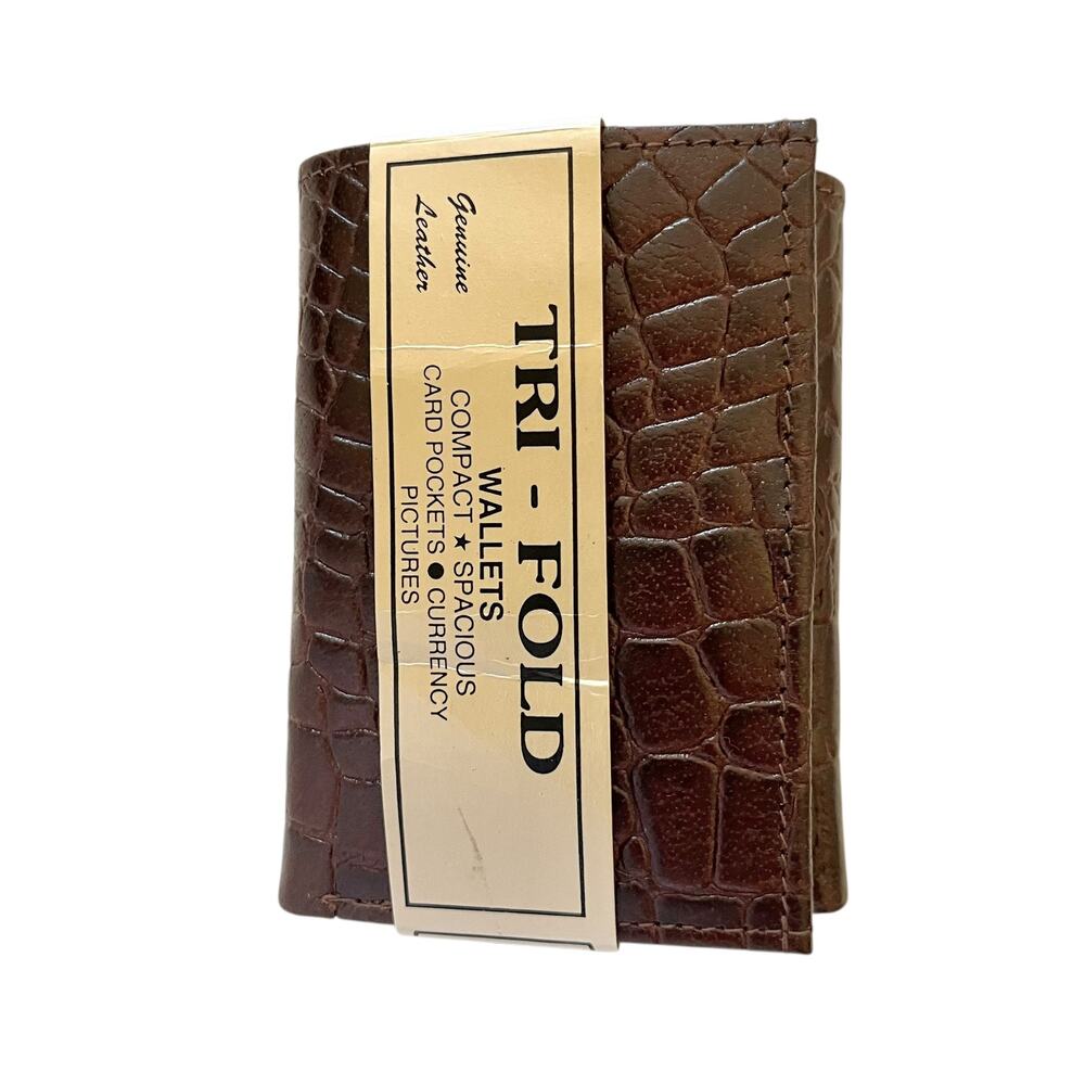 NWT Deadstock Vintage Croc-Embossed Brown Leather Tri-Fold Men's Wallet